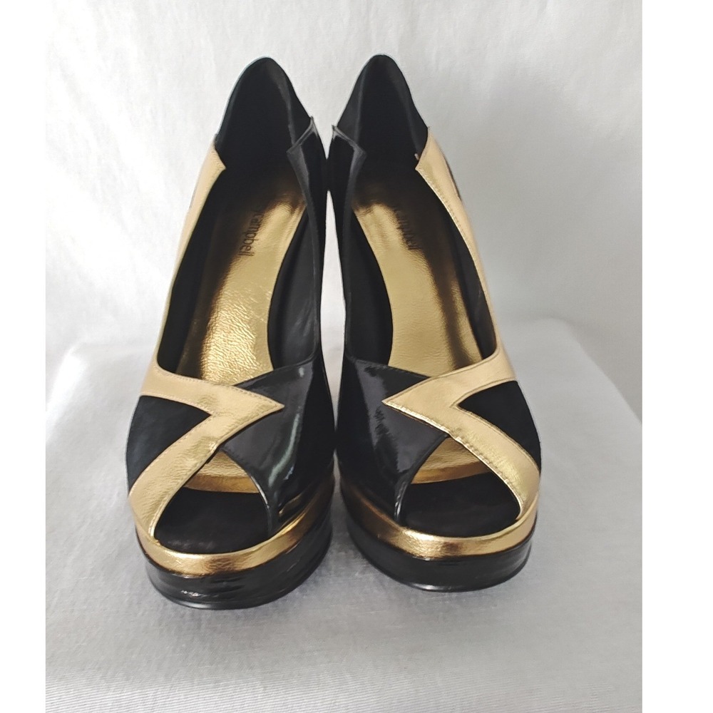 Jeffrey Campbell Bad Girl Platform Pumps Black Gold Metallic Peep Toe Heel 9 - Picture 6 of 10